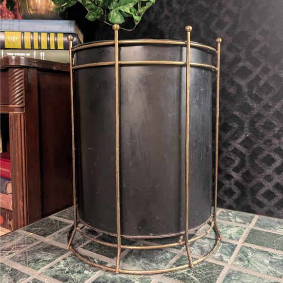 Vintage Mid Century MCM Atomic Style Gold & Black Metal Waste Basket Trash Can - Picture 2 of 8